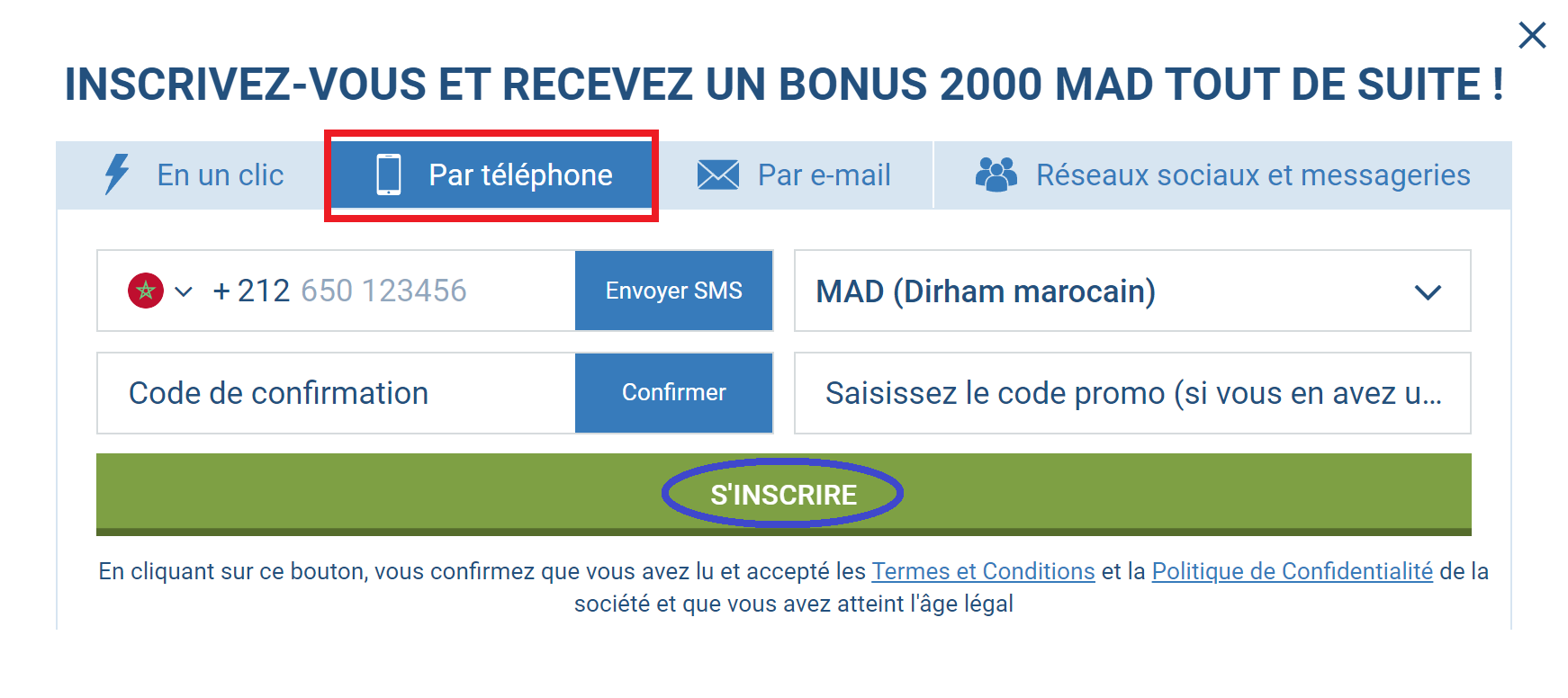 1xBet s’inscrire en utilisant votre numéro de téléphone